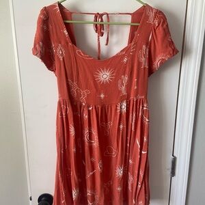 Burnt Orange Boho Sun and Cactus Dress